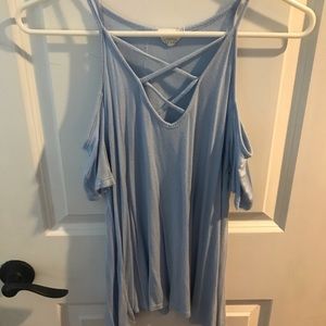 Off the shoulder light blue shirt